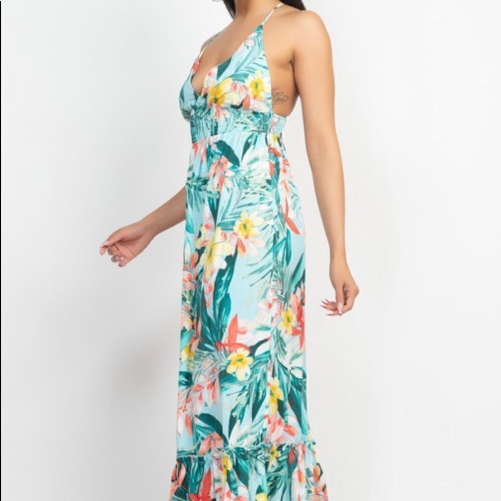 Aqua Teal tropical floral maxi dress